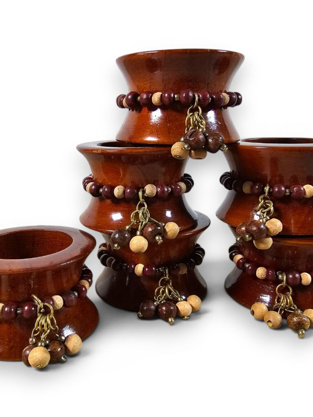Pier 1 Beaded Wooden Napkin Rings Set of 6 Brown Neutral Boho
